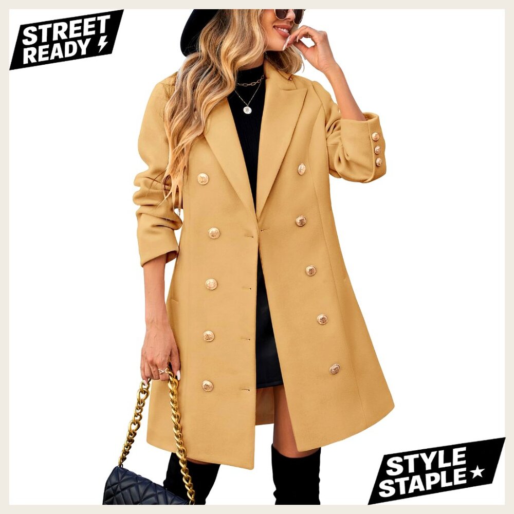 Double Breasted Wool Coat Midi Trench Peacoat Slim Fit Work Casual